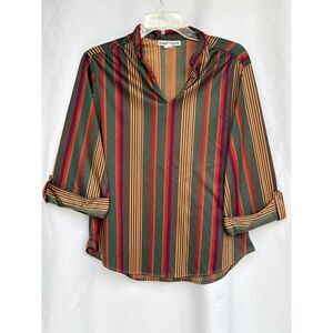 Vintage Caribou Earth Tone Striped V-Neck Top Blouse Roll Sleeve Size 16